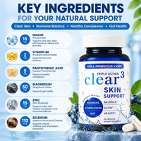 Clear Skin Support Capsules for Hormone Balance Glow & Gut Healthwith DIM Probiotics and Zinc for Men Women 60 Capsules