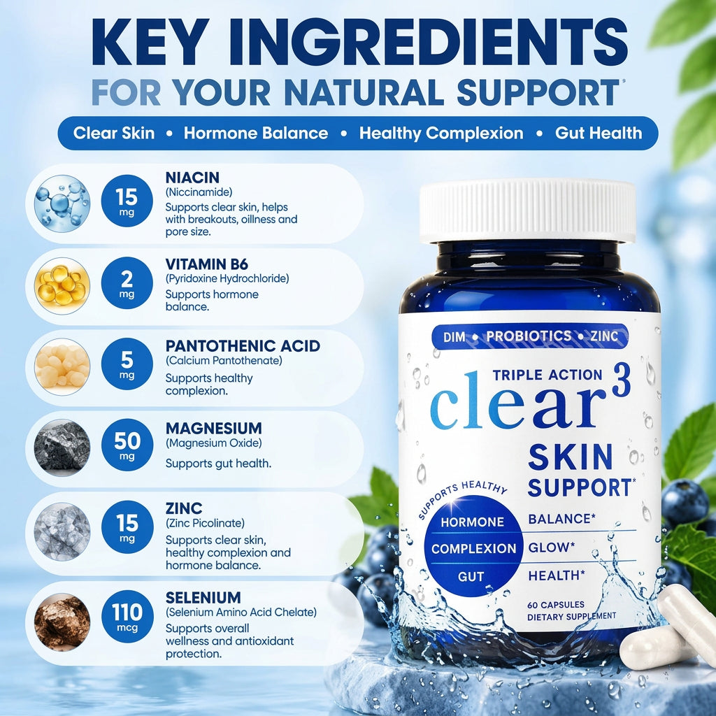 Clear Skin Support Capsules for Hormone Balance Glow & Gut Healthwith DIM Probiotics and Zinc for Men Women 60 Capsules
