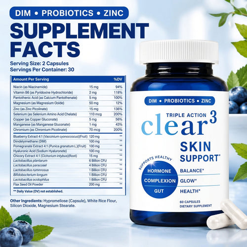 Clear Skin Support Capsules for Hormone Balance Glow & Gut Healthwith DIM Probiotics and Zinc for Men Women 60 Capsules